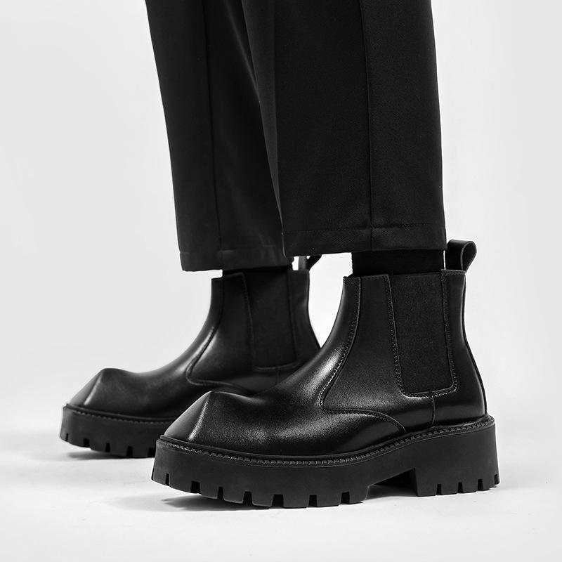 Leder-Ankle Boots für Herren Nashornhorn-Plateau-Stiefel Britische Leder-Chelsea-Boots Designer-Motorradstiefel für Herren Botas Hombre