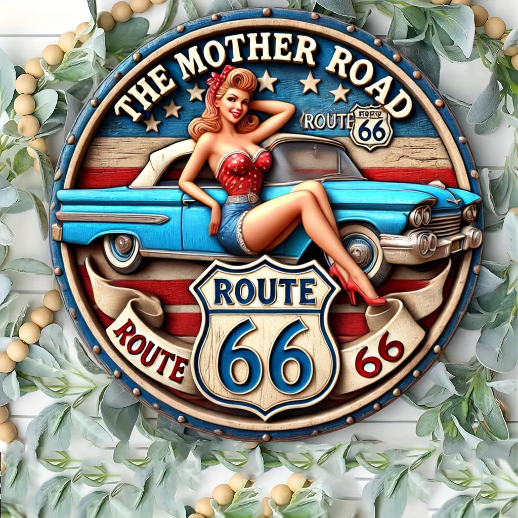Route The Mother Road Retro Pin Up Girl Classic American Car Vintage D Flat Round Metal Tin Sign Wall Art Plaque For Garage