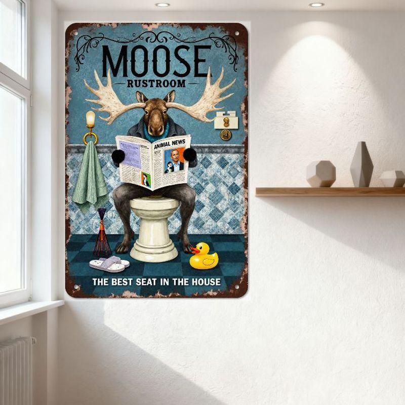 Vintage Humorous Moose Bathroom Metal Sign - Moose On Toilet with Newspaper, Blue Robe, ANIMAL NEWS, Rustic Whimsical Home Bar D