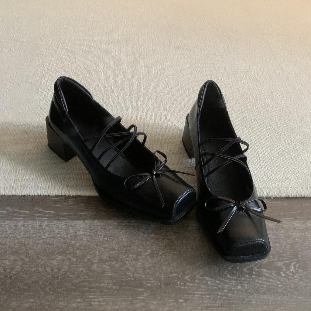 Sheepskin~ French single shoes women's thick heels are beautiful and not tired of high heels ballet shoes retro bow Mary Jane shoes
