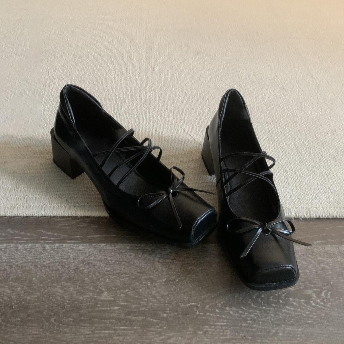 

Sheepskin~ French single shoes women s thick heels are beautiful and not tired of high heels ballet shoes retro bow Mary Jane shoes 35