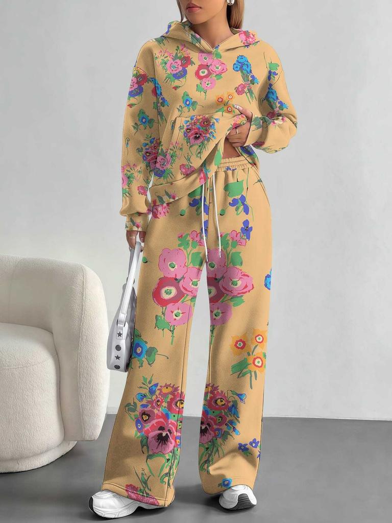 Flowers European, American Autumn and Winter Casual Long-sleeved Suit Women's Hooded Sweater Trousers Two-piece Set