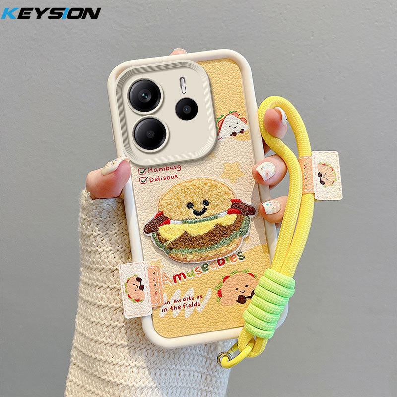 KEYSION Kreskówkowy Uroczy Pluszowy Haftowany Pokrowiec na Redmi Note 14 5G ze Smyczą Odporny na Wstrząsy Pokrowiec na Telefon dla Xiaomi Redmi Note 14 4G