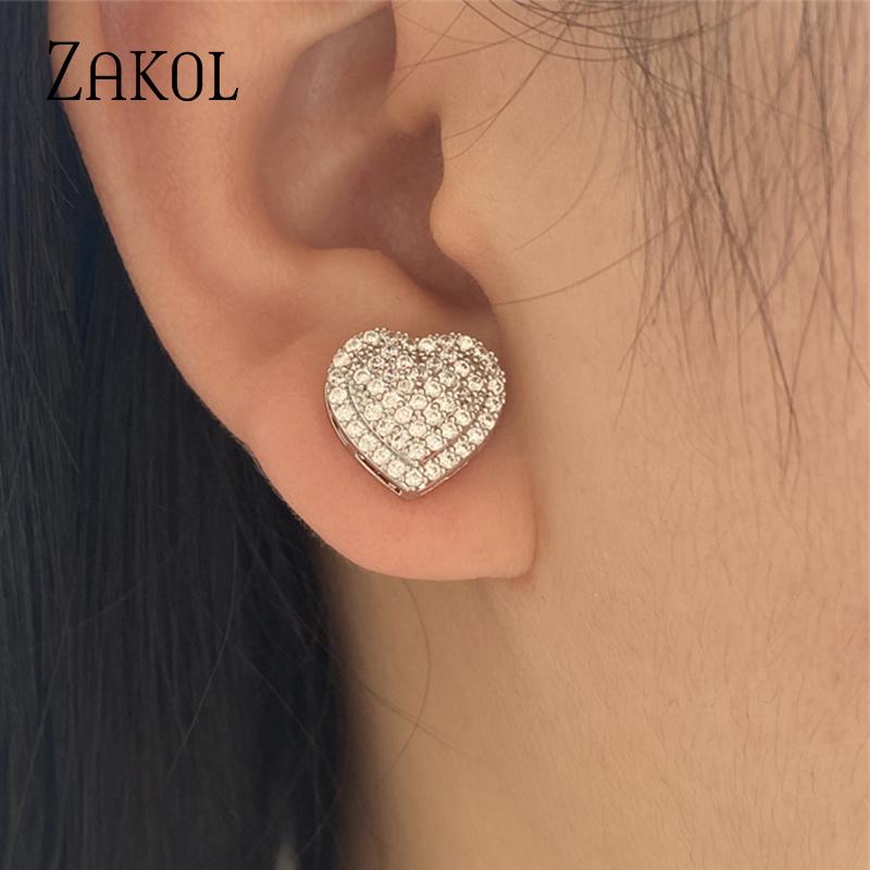 Fashion Heart CZ Stud Earrings for Women Cute Zirconia Female Band Marriage Statement Wedding Party Jewelry