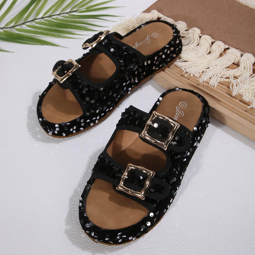 New Double Buckle Shoes Women's Casual Outer Wear Home Summer Cool Slippers European and American Large Size Rhinestone Platform Slippers