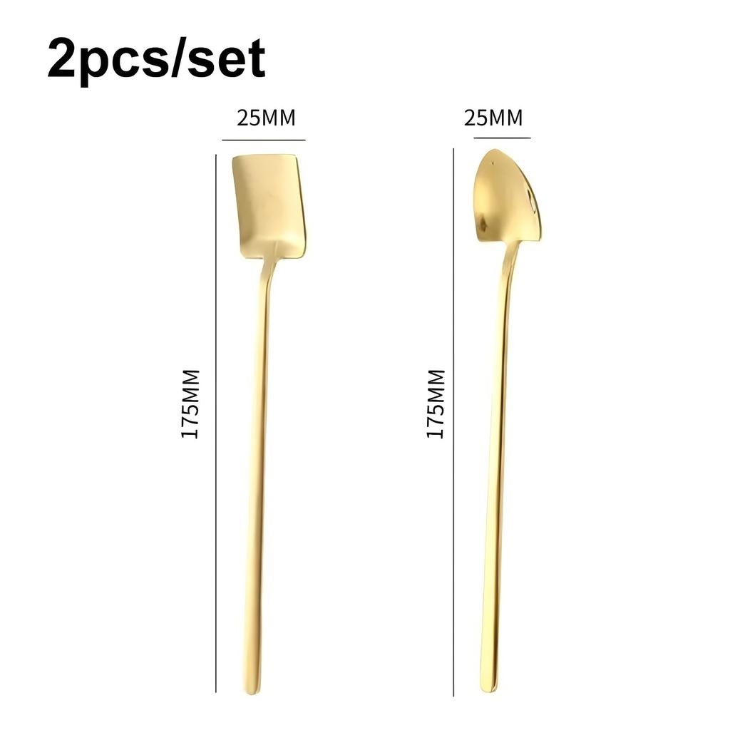 2pcs/set 304 Stainless Steel Long Handled Spoon Household Shovel Shaped Dessert Spoon Coffee Mixing Spoon