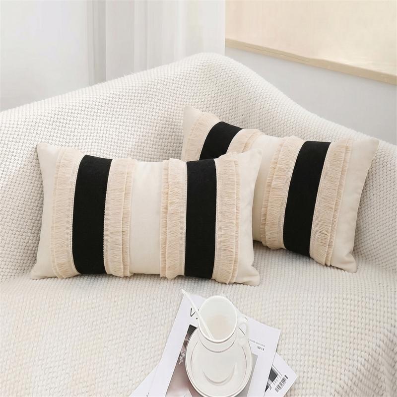 2Pcs Farmhouses Throw Pillow Cover Set, Patchwork Polyester Rectangular Shape With Fringe, 30 X 50 Cm Lumbar Cushion Covers for Home Decors