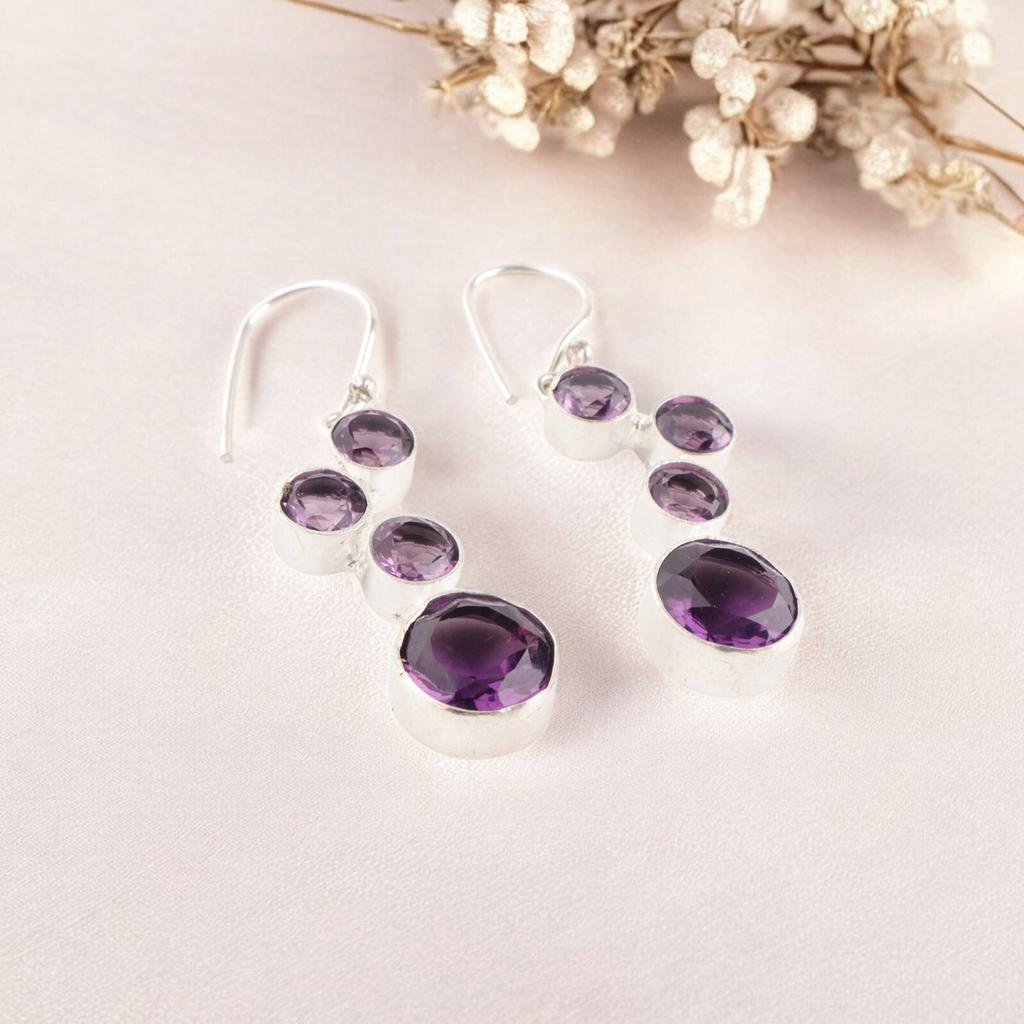 Orecchini Pendenti con Pietra di Ametista in Argento Sterling 925 Gioielli Regalo per la Mamma EE-161-6