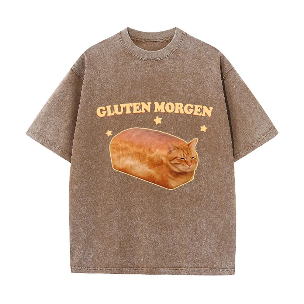 2026 Funny Bread Cat Gluten Morgen Graphic T Shirt Men Women Vintage Washed Black Unisex Casual Tee