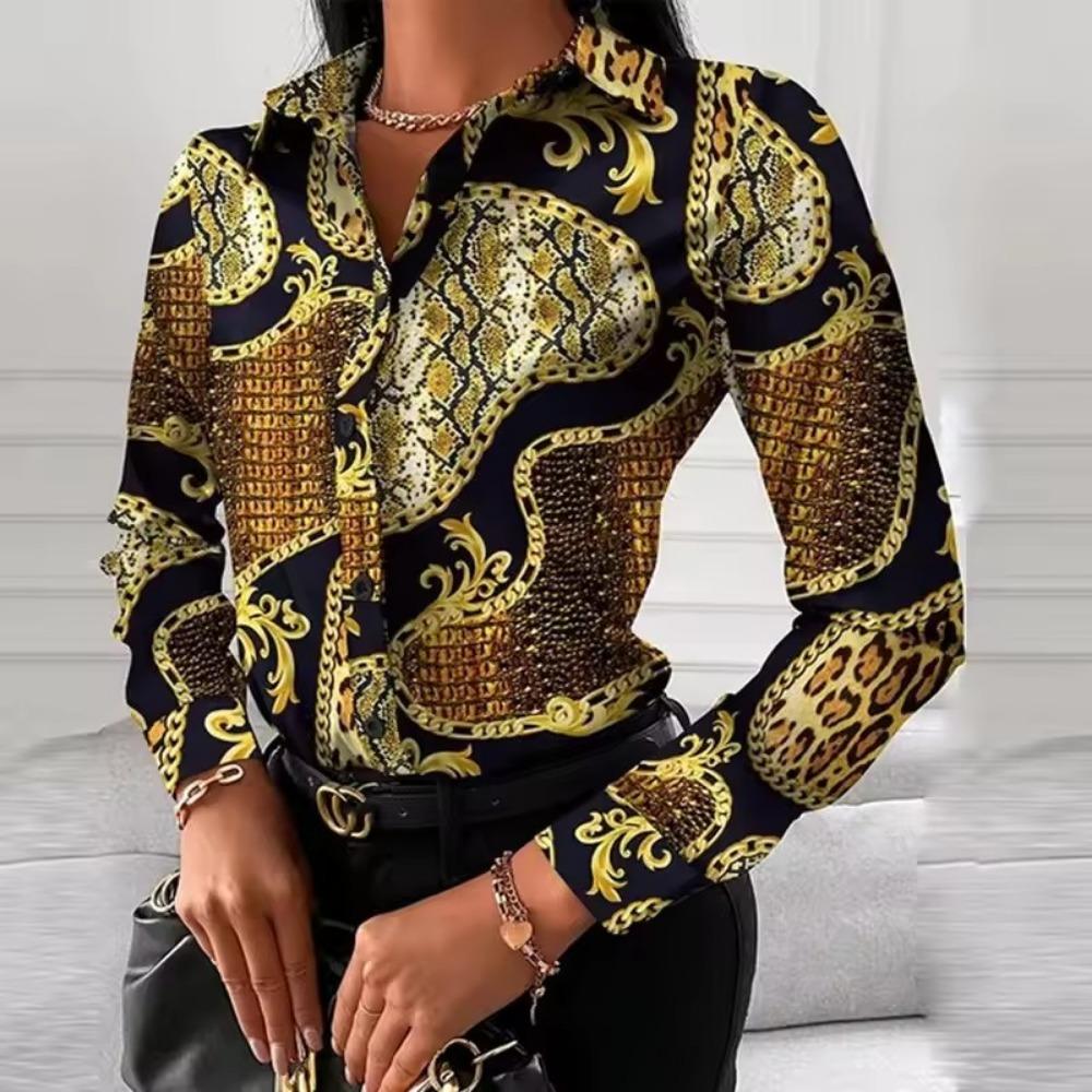 Women Print V-Neck Button Long Sleeve Shirt Loose Casual Holiday Tops Blouse