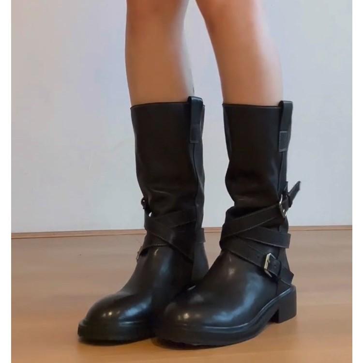Retro round head versatile belt buckle medium boots western cowboy boots slim thick-soled fried street versatile knight boots