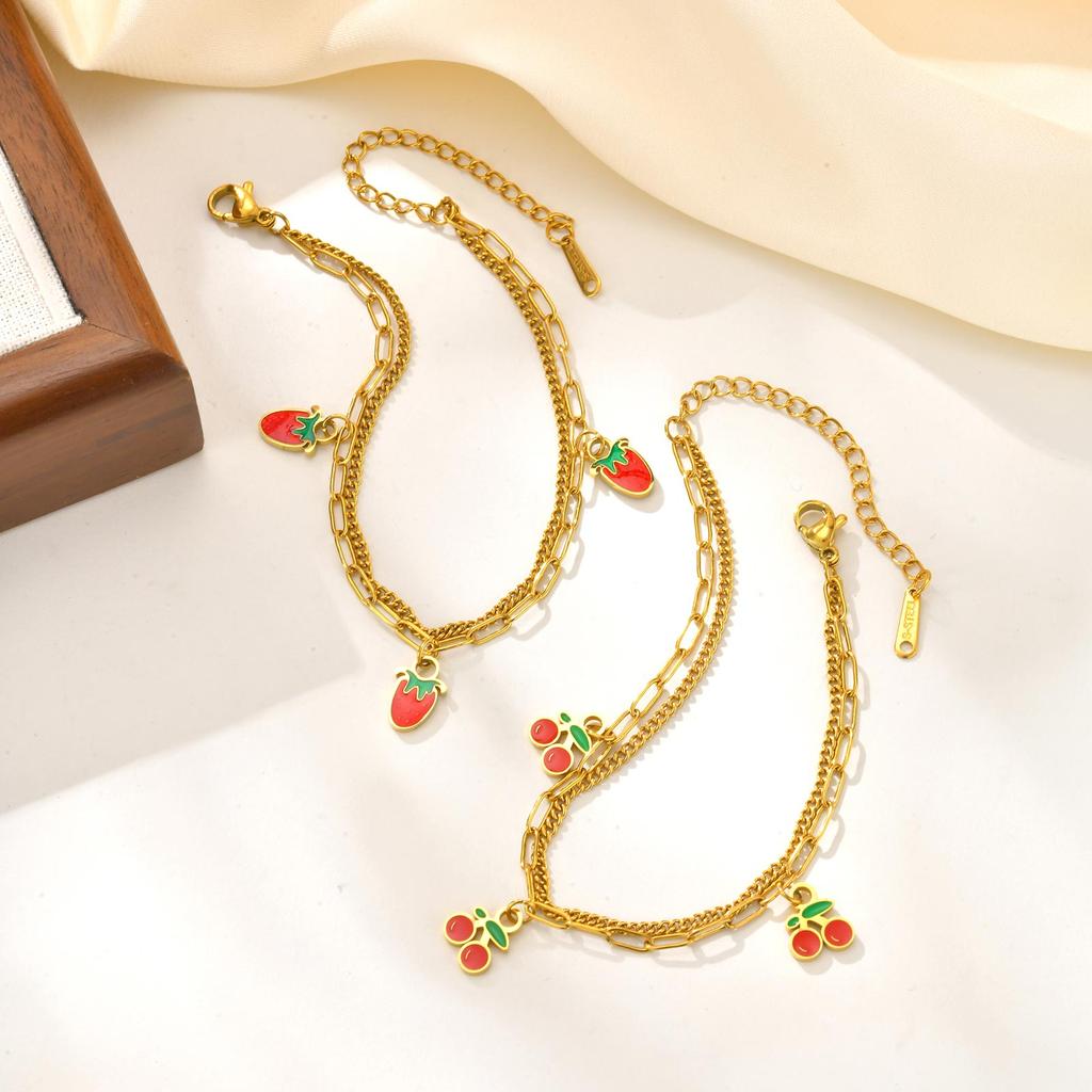 Dainty Double-layer Strawberry Cherry Accessories Bracelet,Women's Stainless Steel Gold Plated Bracelets,Cute Jewelry Gift