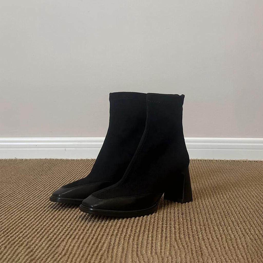 Cowhide version~ Stylish and simple retro thin high-heeled elastic boots women's rear zipper square head leather splicing thin boots