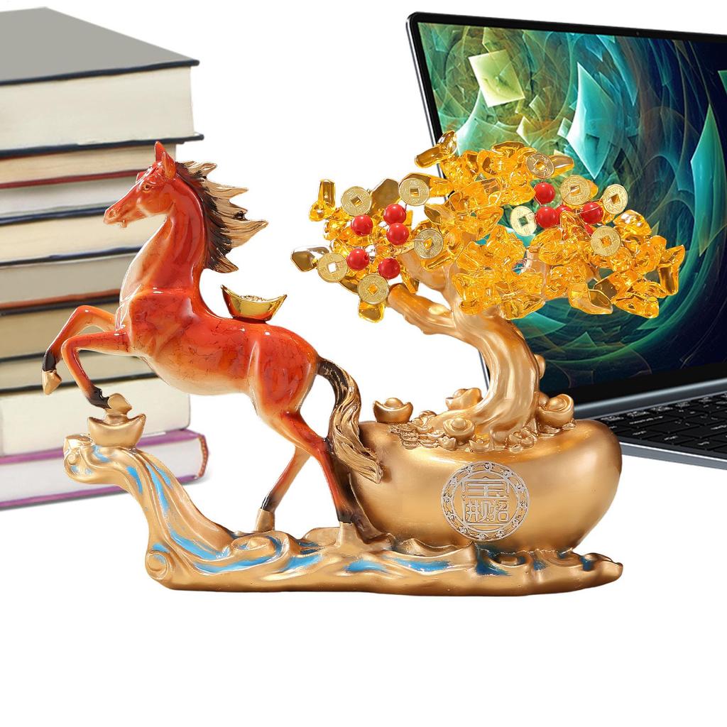 Horse And Wealth Tree Statue New Year Horse And Yuanbao Figurine Decor Feng Shui Desktop Wealth Sculpture Living Room Decor