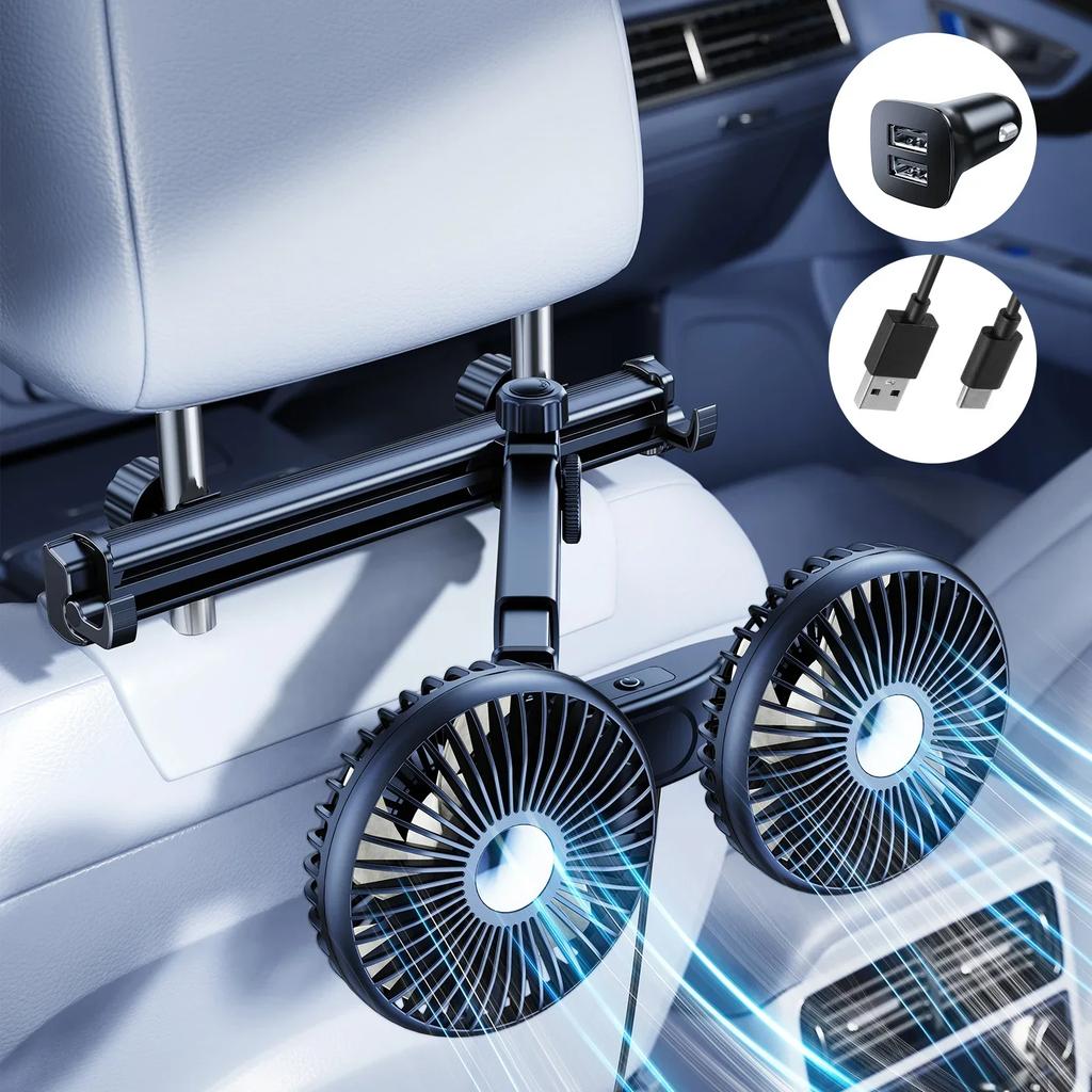 Hipacool Extension Arm Dual-Head Fan for Car Headrest 360° Rotation Air Cooling Fan Angle Adjustable 3-Speed Wind Brushless Fan