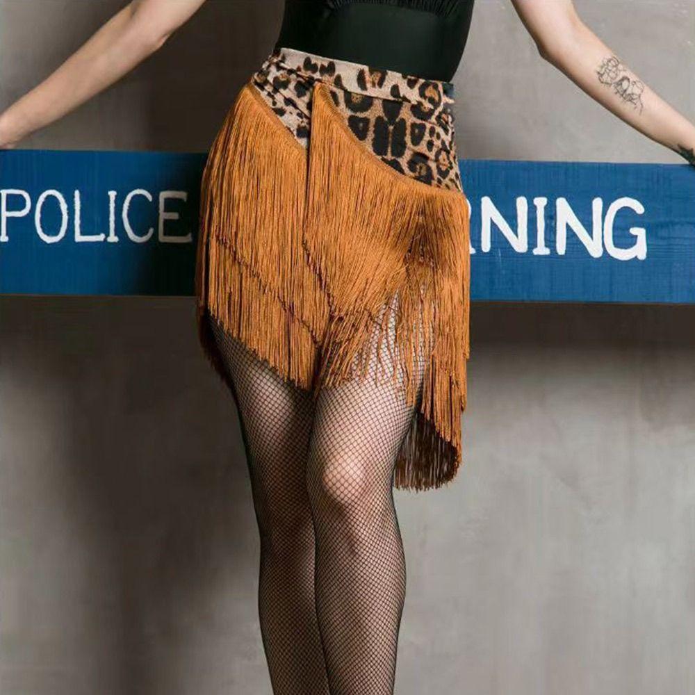 Tassel Latin Dance Skirt Leopard Print Rumba Dance Skirt Fashion Performance Costume  for Women
