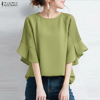 Women Casual Round Neck Solid Color 3/4 Sleeve Loose Blouse