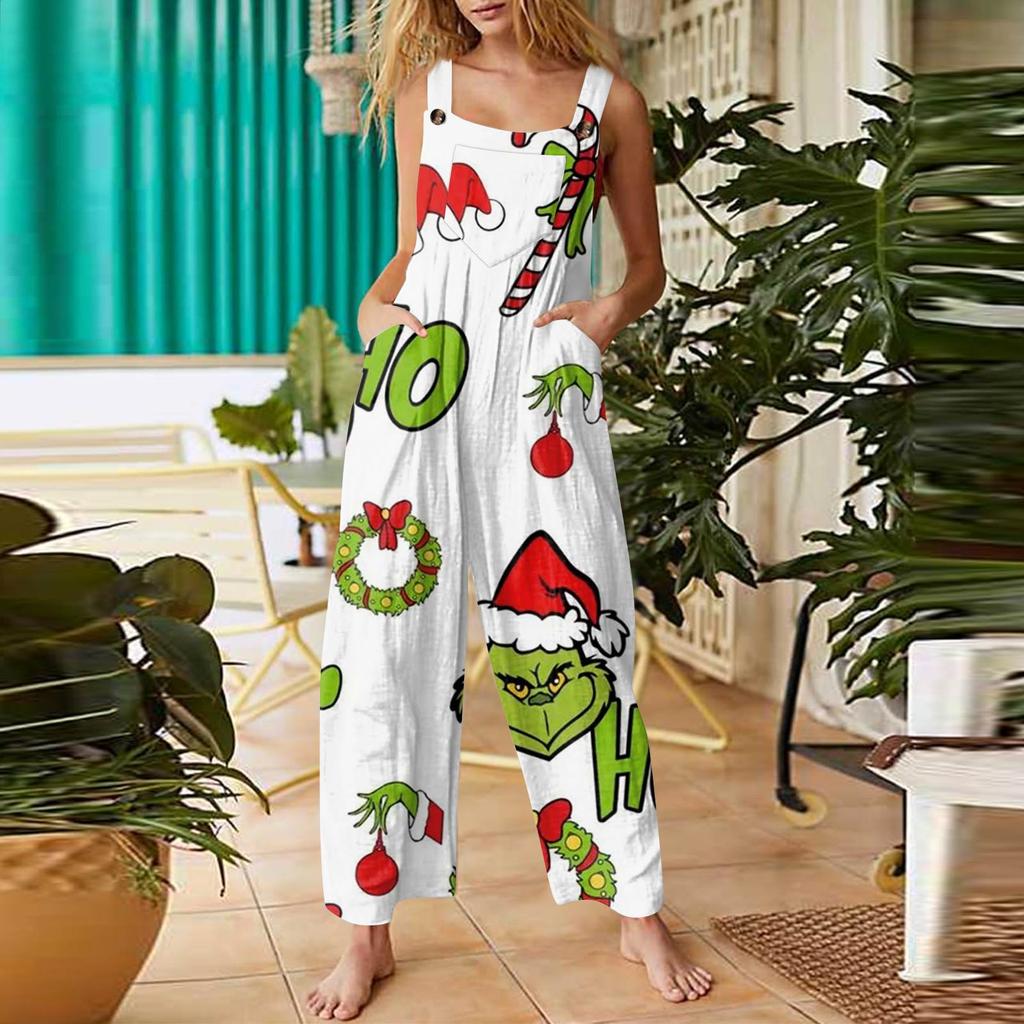 Women's Fashion Christmas  Print Casual Retro Sleeveless Button Jumpsuit