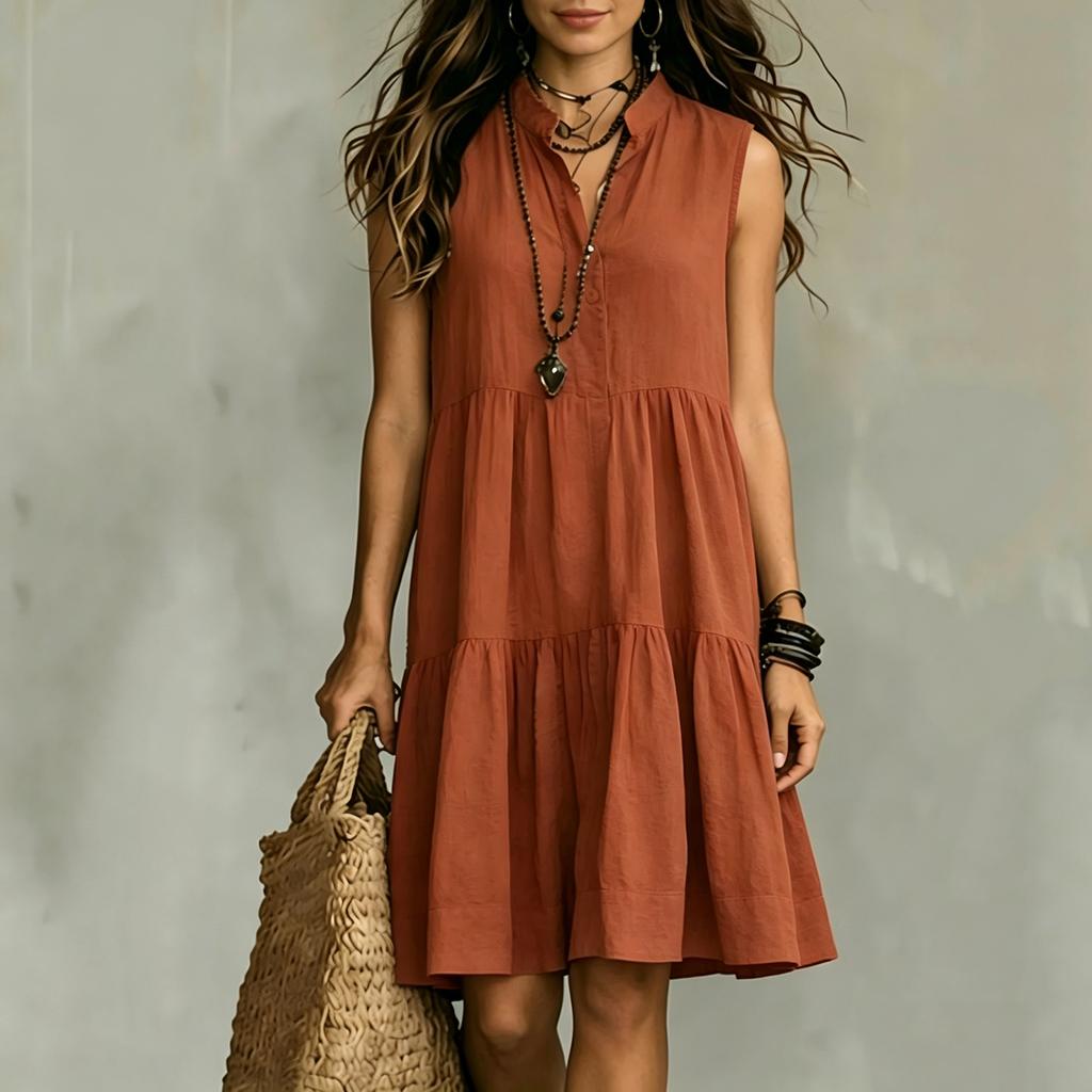 Sleeveless Button Front V Neck Loose Fit Tiered Dress Lightweight Casual Summer Dress for Women