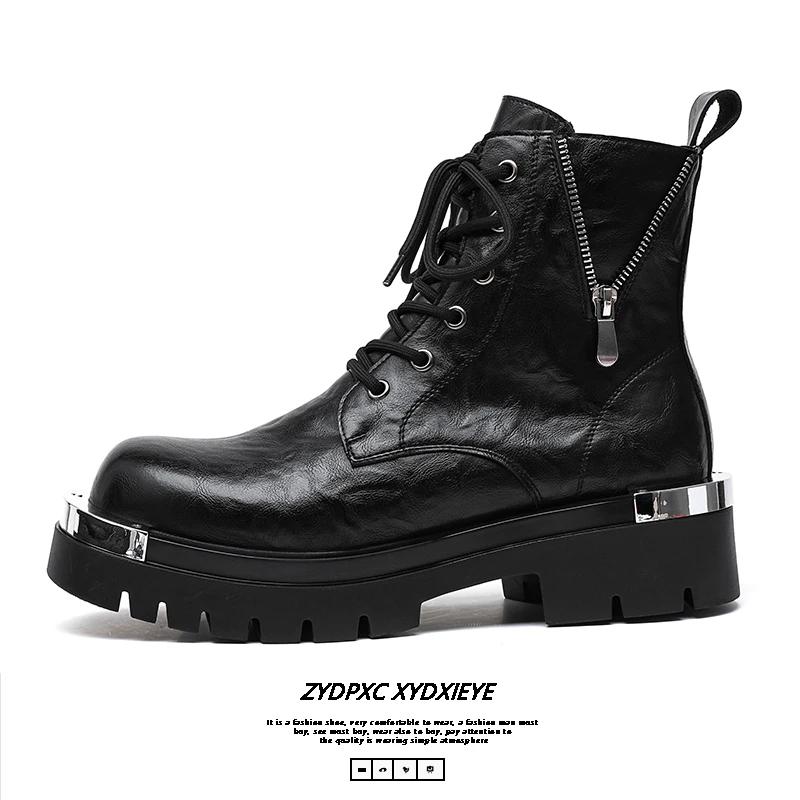 Fashion Men's Casual Leather Boots Fashion Antiskid Lace-Up Walking Boots High Quality Patent Leather Round Toe Work Thick Bottom Boots