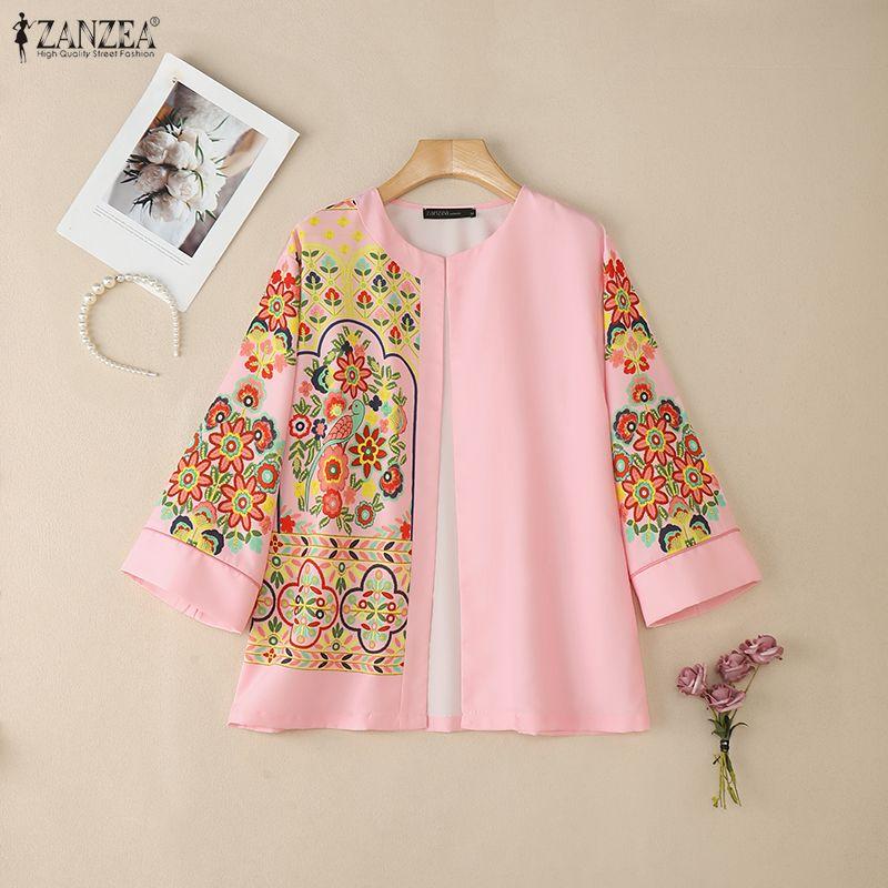 ZANZEA Women Casual Floral Print Loose Long Sleeve Cardigan Blouse