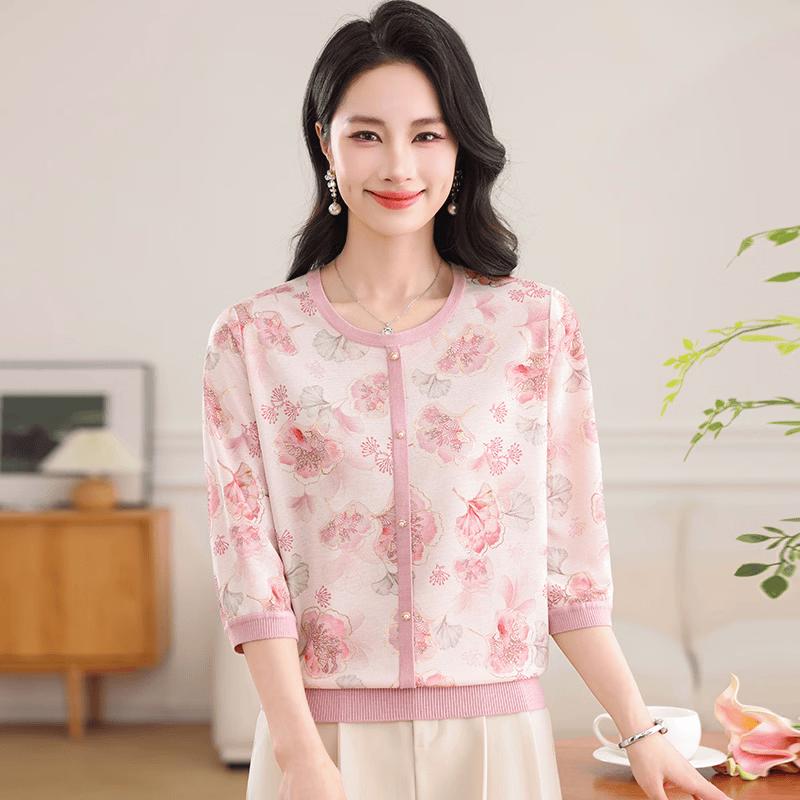 Women s Mid-Age Summer Floral Knit 3/4 Sleeve Top L