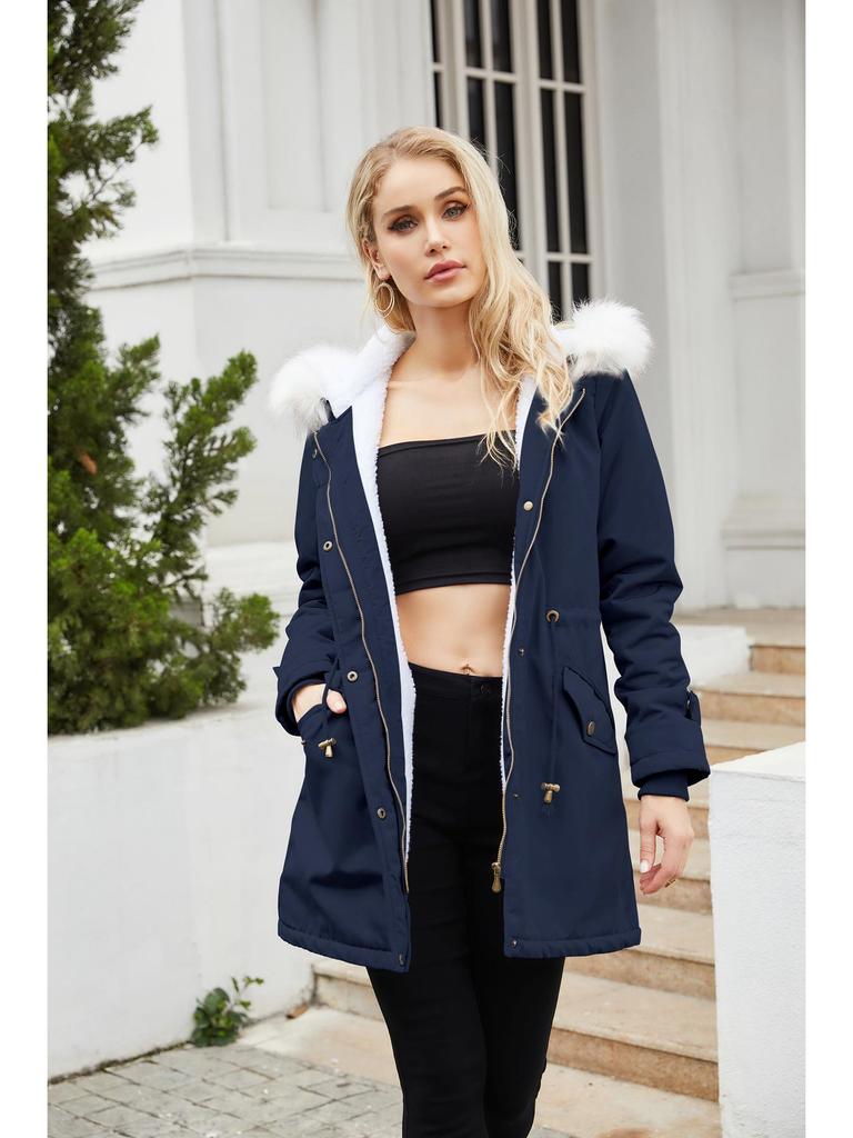 2023 Women's Detachable Fur Collar Parka: Long Sleeve Hooded Cotton Coat with Fleece Lining for Autumn/Winter