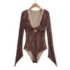 Retro Fishing-Style V-Neck Lace Bodysuit: Slim Fit Long Sleeve Base Layer for Women.