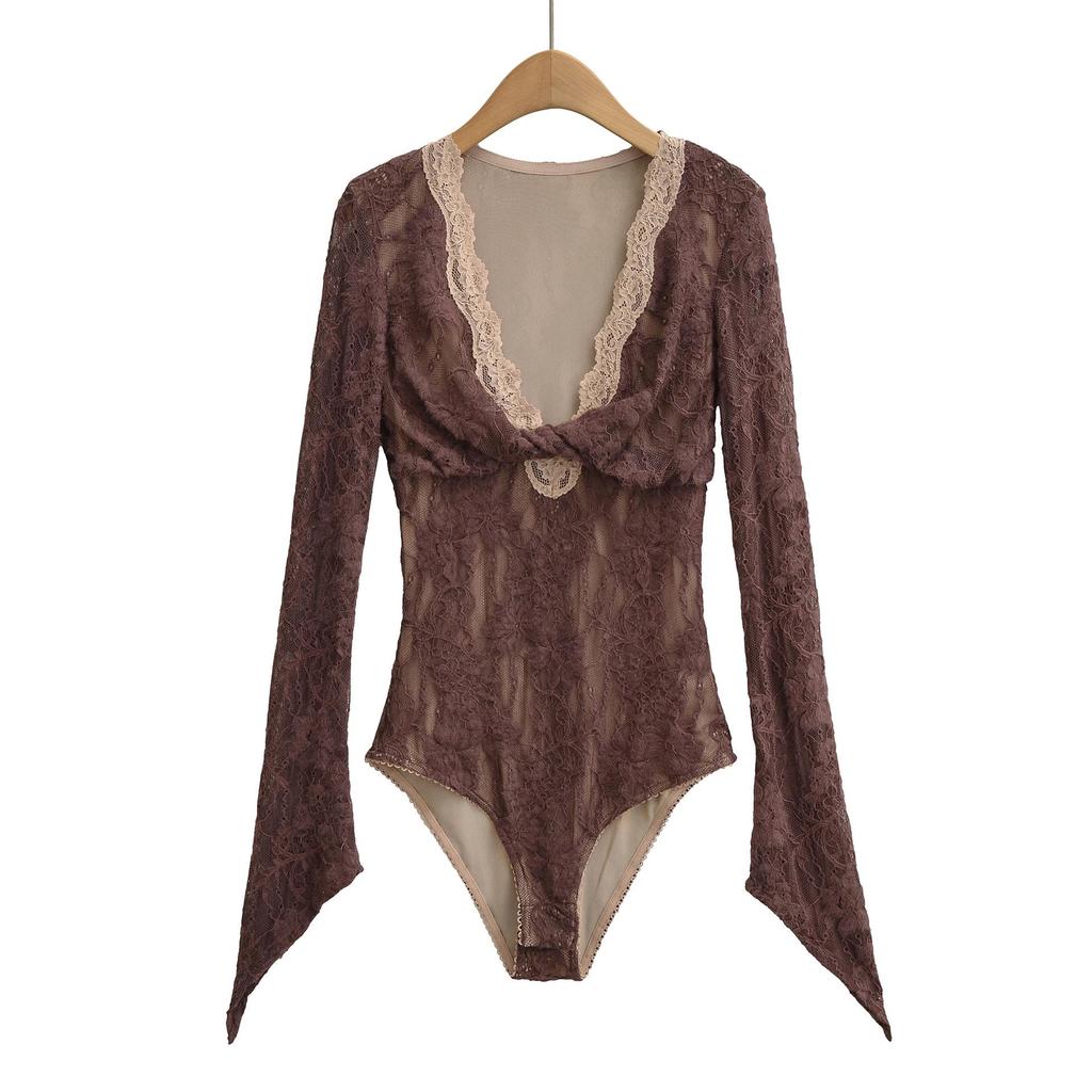 Retro Fishing-Style V-Neck Lace Bodysuit: Slim Fit Long Sleeve Base Layer for Women.