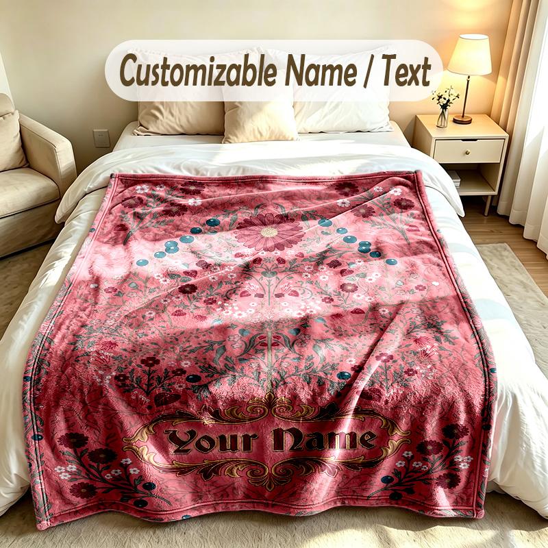 Floral Garden Theme Soft Blanket Personalized Custom Name Text Print Warm Blanket Home Sofa Bedroom Decor