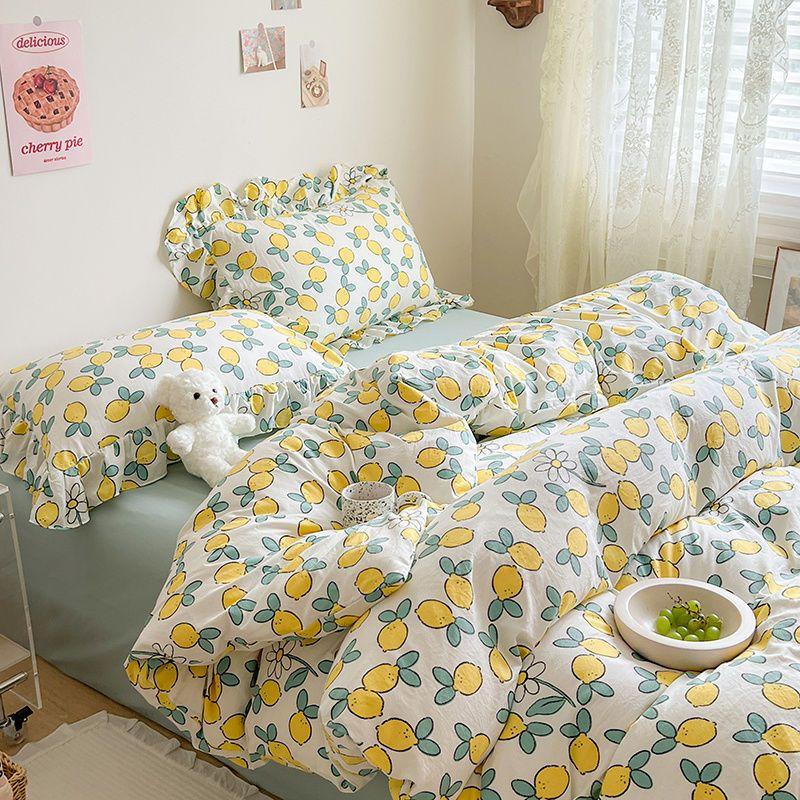 Ins Girl Bedding Set Heart Cherry Duvet Set With Double Layer Yann Pink Four PIECE Set Simple Washing Cotton Bed Sheet Bed Sheet