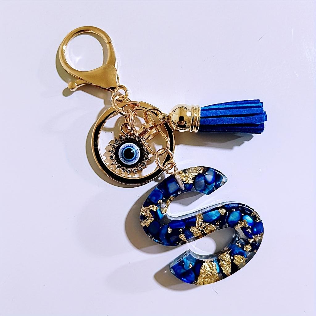 Blue Resin Initial Keychain - Evil Eye Letter Charm with Rhinestones & Tassel, Stylish Gift for Women, Lobster Clasp Accessory