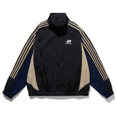 Men Color Block Stand Collar Jacket Zip Up Striped Casual Windbreaker Outerwear