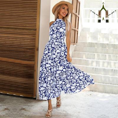 Sommer Damen Neckholder Ärmellos Schlitz Mode Druck Sexy für Damen A-Linie Lässig Schick Floral Langes Kleid