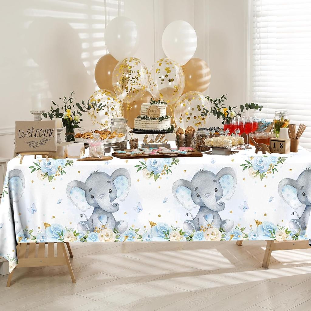 Juweked 3 Pcs Blue Elephant Baby Shower Tablecloth for Boy It's A Boy Baby Shower Tablecloth Gender Reveal Decor, 70.8" x 42.5"