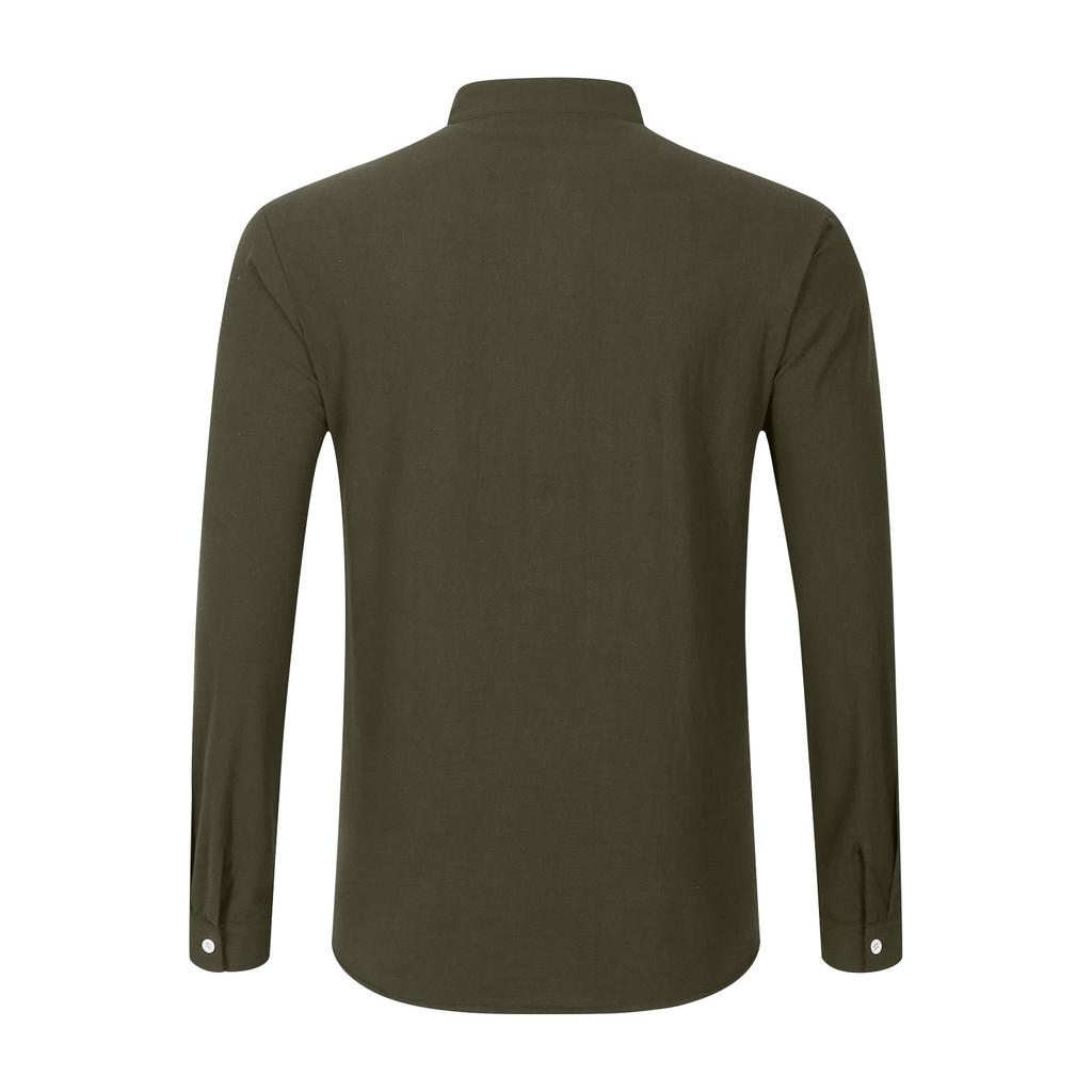 Men's New Solid Color Casual Cotton And Linen Standing Collar Long Sleeved Shirt