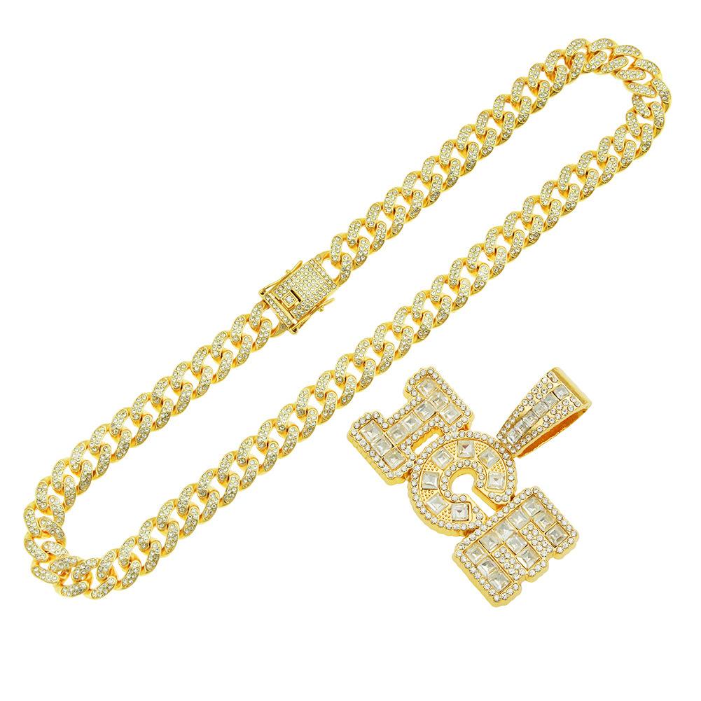 Square Diamond Cool Letter Pendant Cuban Chain, European and American Hip-hop Splicing Necklace Pendant, Hipster Full Diamond Collarbone Chain
