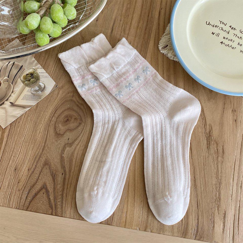 Retro Fair Isle Ruffle Bow Mid-Calf Socks for Women - Cute Lace Academy Style Slouch Socks