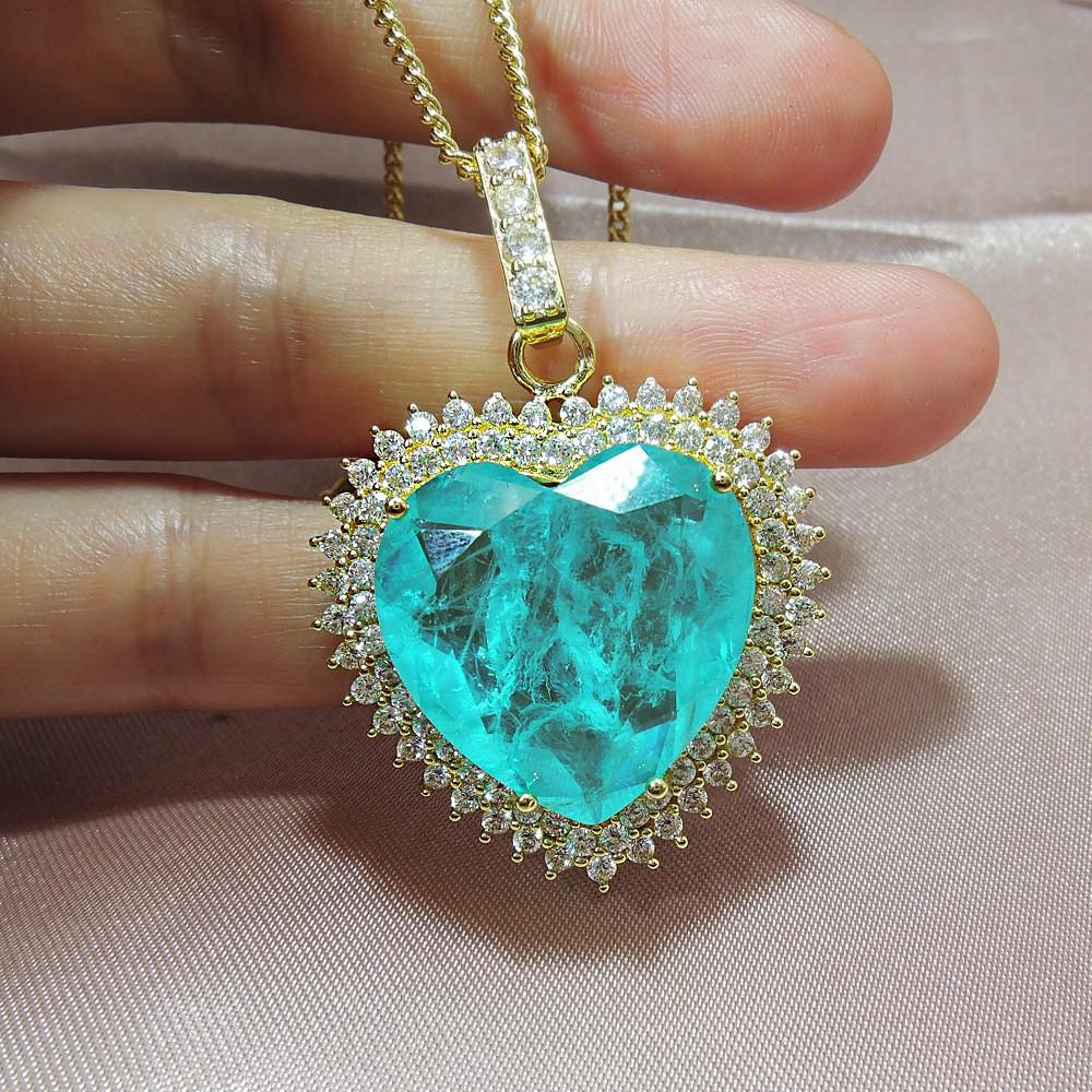 Jewelry Color Treasure Women'S Necklace Imitation Paraiba Heart 20 * 20 Large Pendant Fashion Temperament Necklace