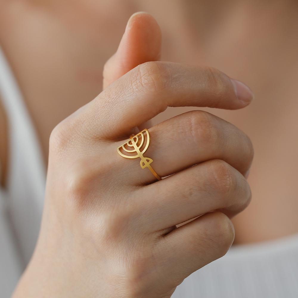 Dawapara Je Menorah Ring Jerusalem Symbol Hanukkah Chanukah Gift Judaic Jewelry Stainless Steel Adjustable Rings