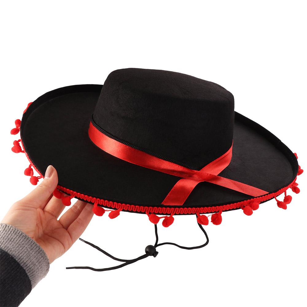 Fuzz Ball Mexican Sombrero Hats Wide Brim Dance Spanish Mexican Hat Costumes Party Caps Dress Up Spanish-style Hat Halloween