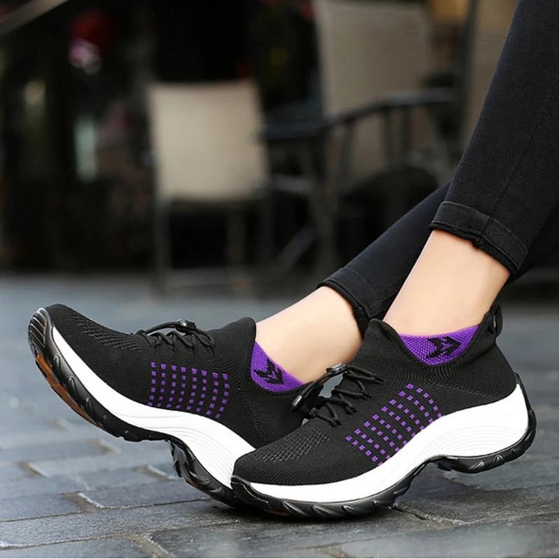 Women Walking Trainers Fashion Fly Weaving Sock Sneakers 2024 Breathe Comfort Nursing Shoes Casual Platform Loafers Non-Slip