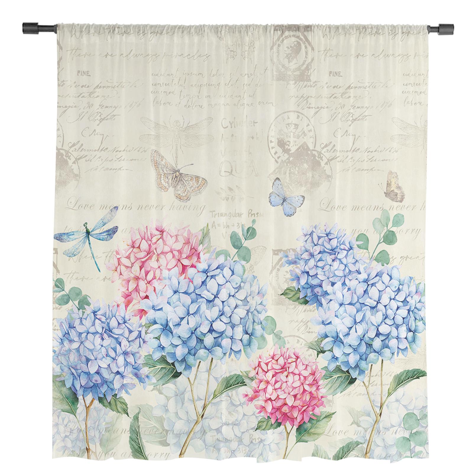 Весенние цветы гортензии Стрекоза винтажные прозрачные оконные шторы из вуали тюлевые — фото 2