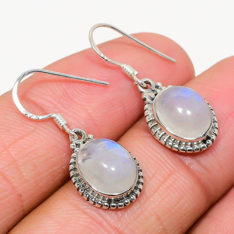 Natural Rainbow Moonstone Gemstone 925 Solid Sterling Silver Earring 1.25" C7e52