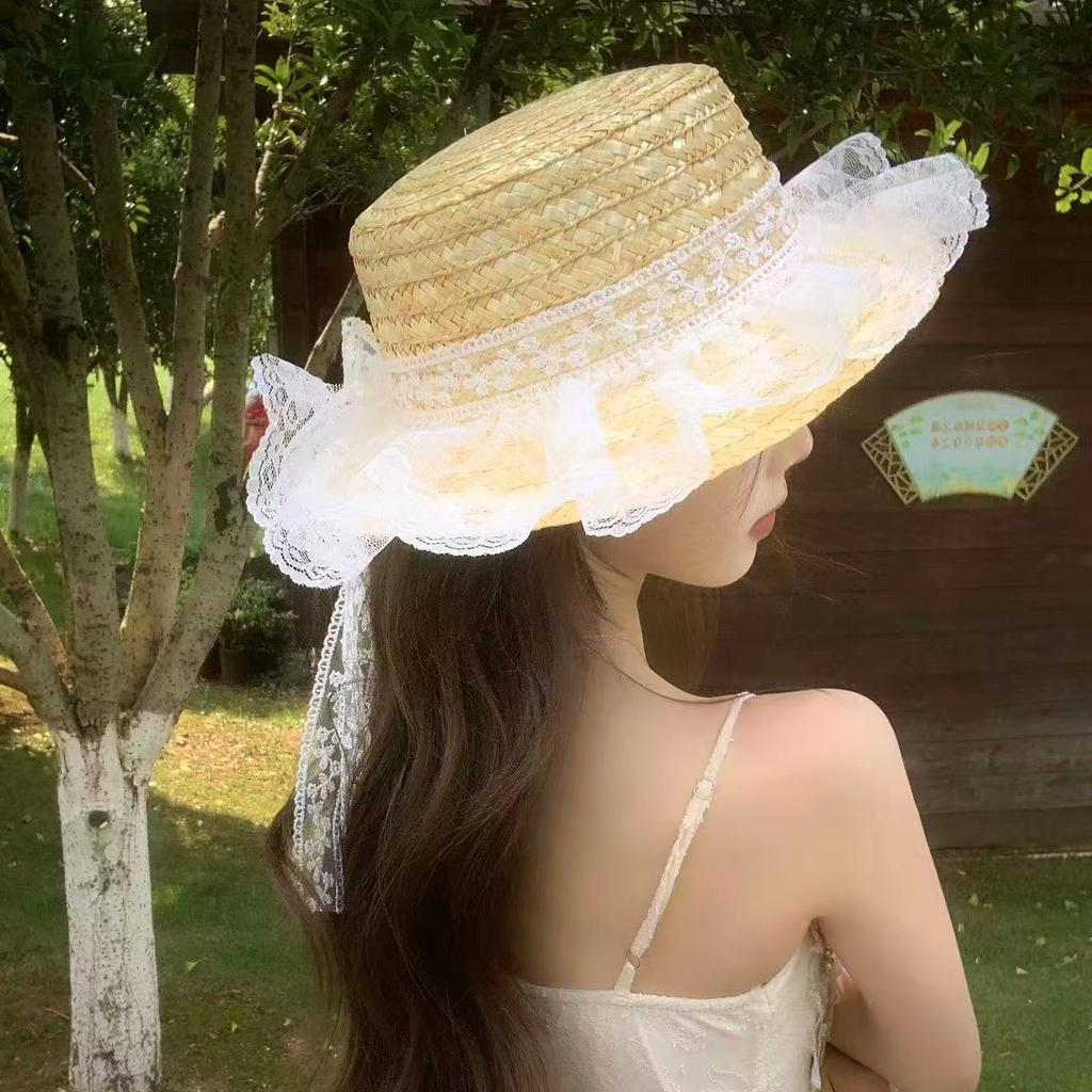 Sweet Mori Lolita Lace Bow Straw Hat Children Spring Summer Autumn Cute Pastoral Sun Hat