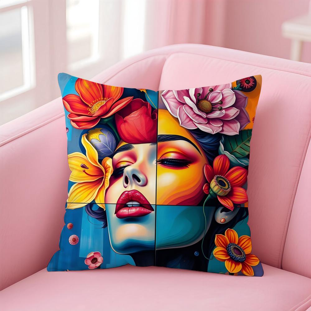 Square Bright Color Flower Girl Cushion Cover Pillow Case Soft Skin Friendly Fabric  Concealed Zipper