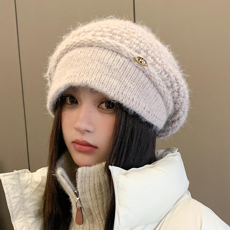 Französische Strickmütze Damen Herbst und Winter Doppelwollmütze Warmer Ohrenschutz