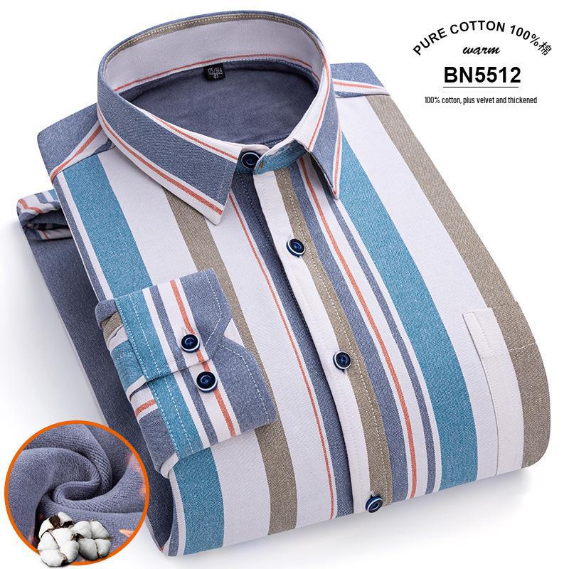 Men's Long Sleeve Cotton Plaid Shirt with Velvet Lining