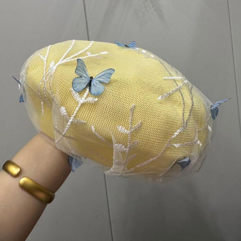 Women's Hat Mesh Sun Hat Women's Summer 3d Butterfly Embroidery Fisherman Beret Fashion Lace Painter Hat Sun Protection Cap