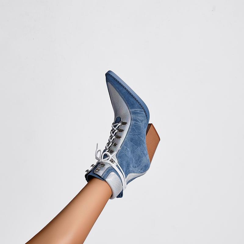 Fashion Kaky's New Pointed Denim Lace Up High Heel Large Women's Boots  Western Boots